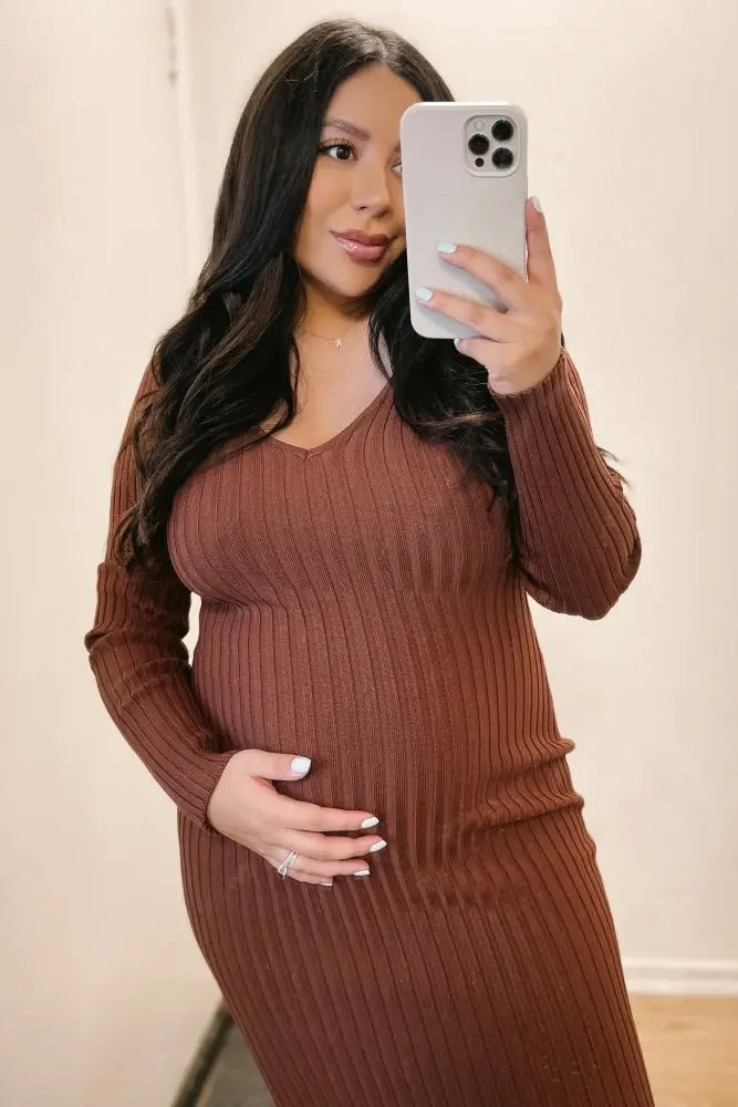 Mocha V Neck Long Sleeve Fitted Maternity Maxi Dress PinkBlush