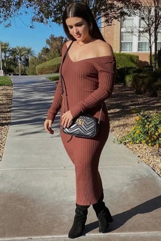 Mocha V Neck Long Sleeve Fitted Maxi Dress Ribbed Knit Silhouette PinkBlush