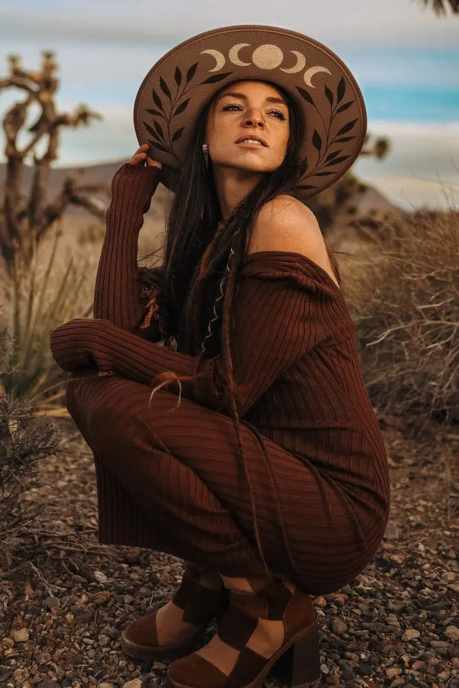 Mocha V Neck Long Sleeve Fitted Maxi Dress Ribbed Knit Silhouette PinkBlush