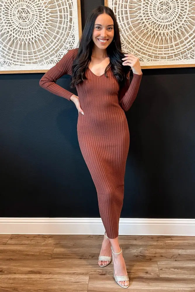 Mocha V Neck Long Sleeve Fitted Maxi Dress Ribbed Knit Silhouette PinkBlush