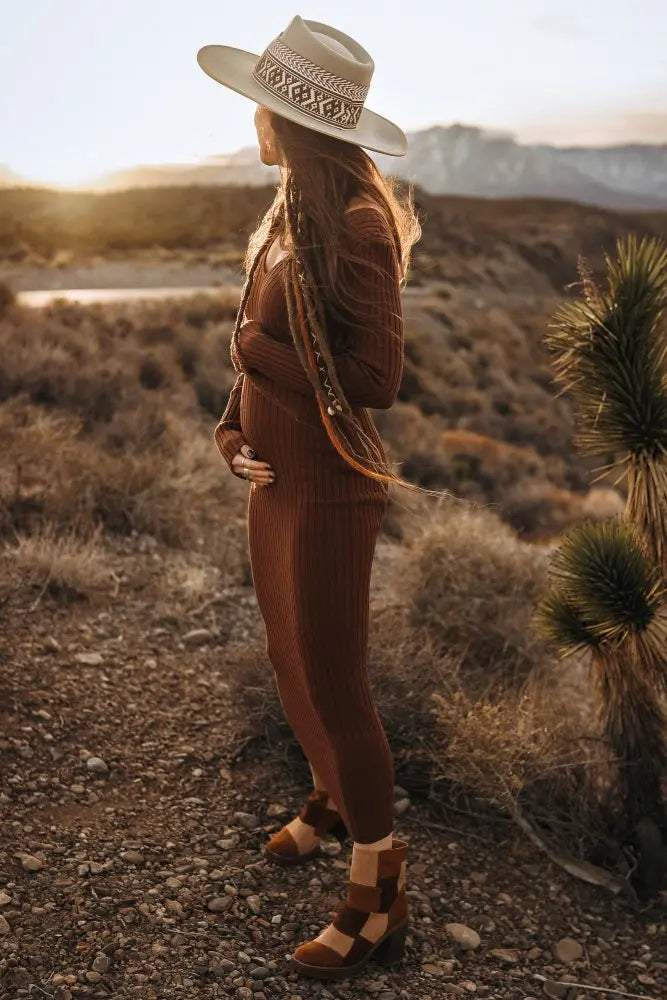 Mocha V Neck Long Sleeve Fitted Maternity Maxi Dress PinkBlush