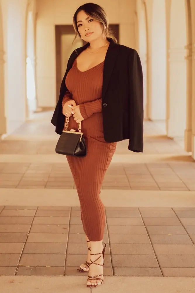 Mocha V Neck Long Sleeve Fitted Maxi Dress Ribbed Knit Silhouette PinkBlush