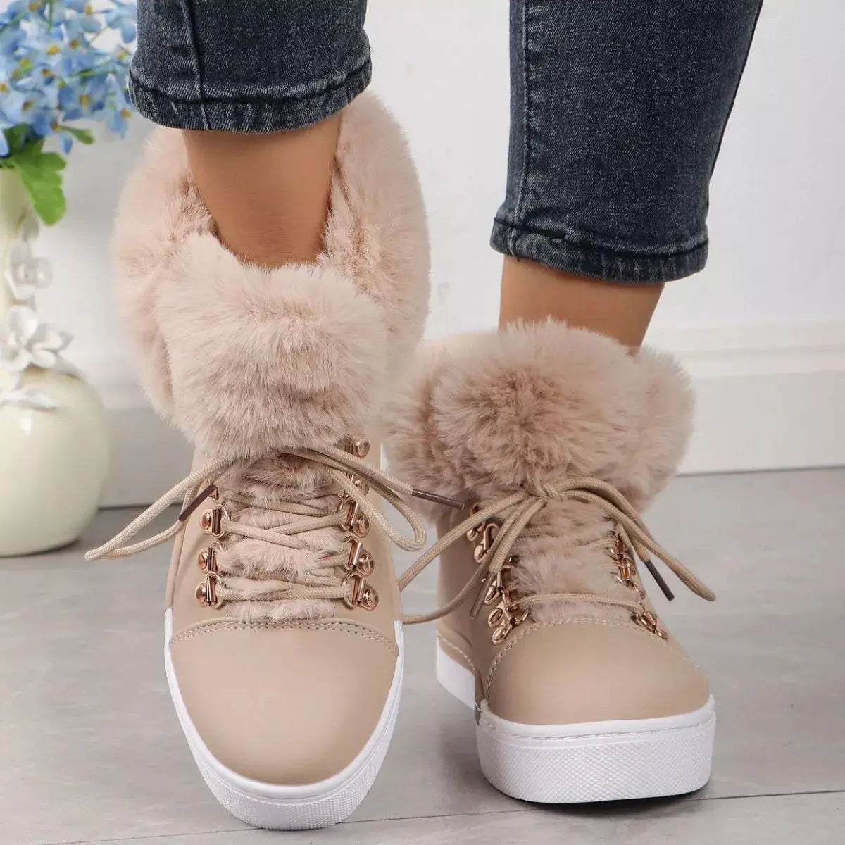 Fuzzy Trim Lace-Up Ankle Boots Simply Love