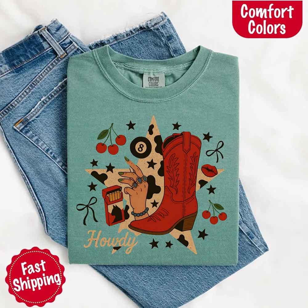 Back view of the Adorb.co Howdy Cowgirl Star Collage Comfort Shirt on a model, showing its relaxed drape and casual style.