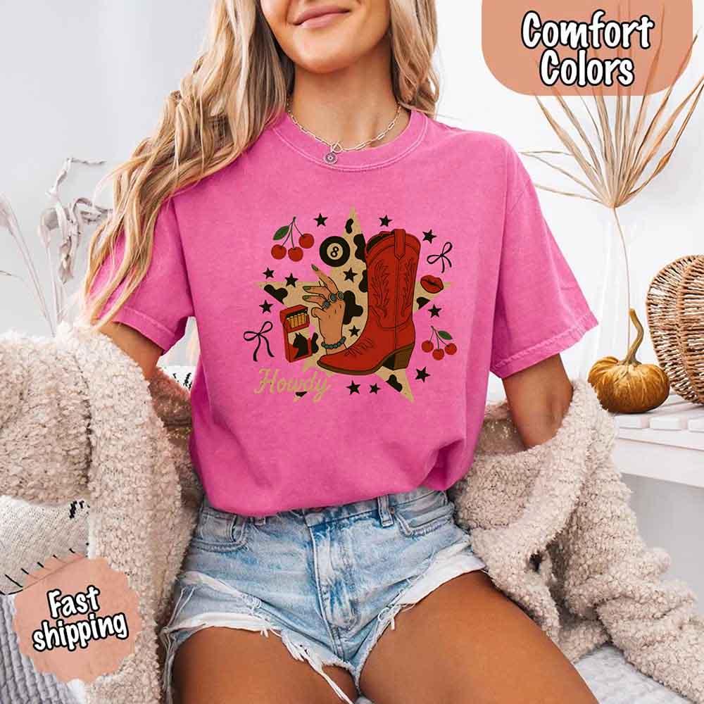 Adorb.co Howdy Cowgirl Star Collage Shirt styled with jeans and boots, perfect for a country or rodeo fashion look.