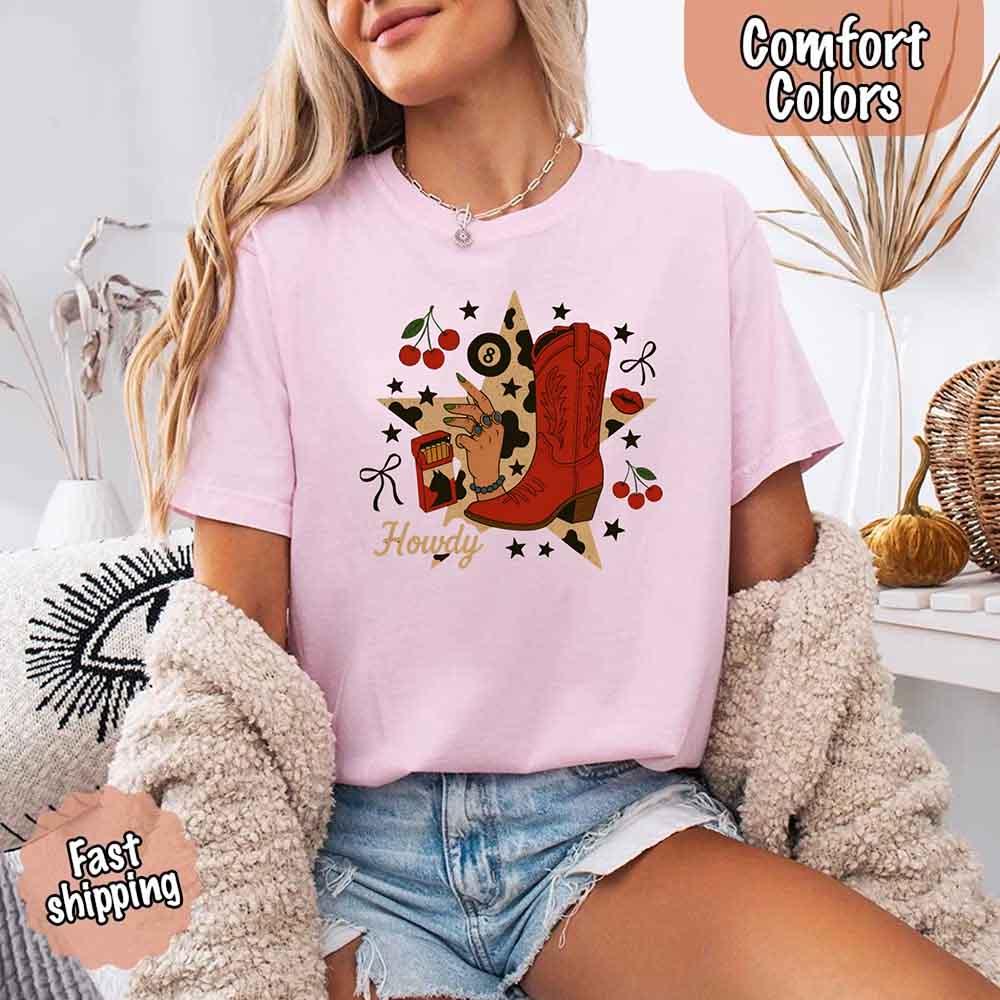 Adorb.co Howdy Cowgirl Star Collage Shirt worn by a person in motion, highlighting its flexibility and casual fashion comfort