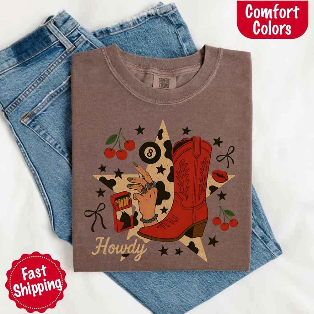 Adorb.co Howdy Cowgirl Star Collage Comfort Shirt, a vibrant country style tee with a unique star design.