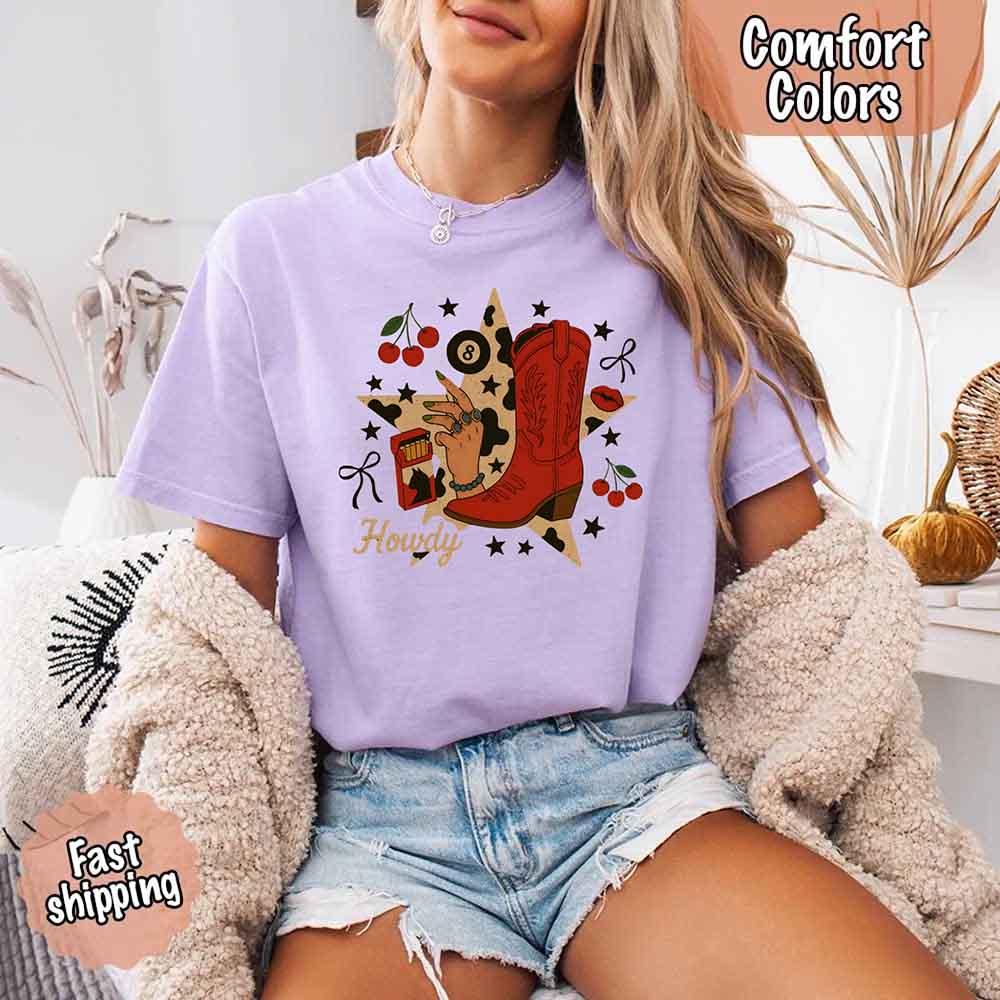 Adorb.co Howdy Cowgirl Star Collage Comfort Shirt presented from a fresh angle, emphasizing its country style appeal.