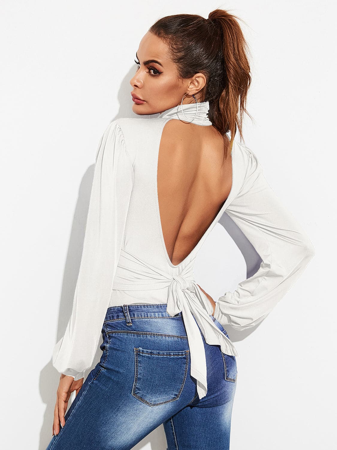 Backless Tie-Waist Turtleneck Lantern Sleeve Bodysuit.