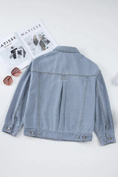 Striped Button Up Long Sleeve Denim Jacket.