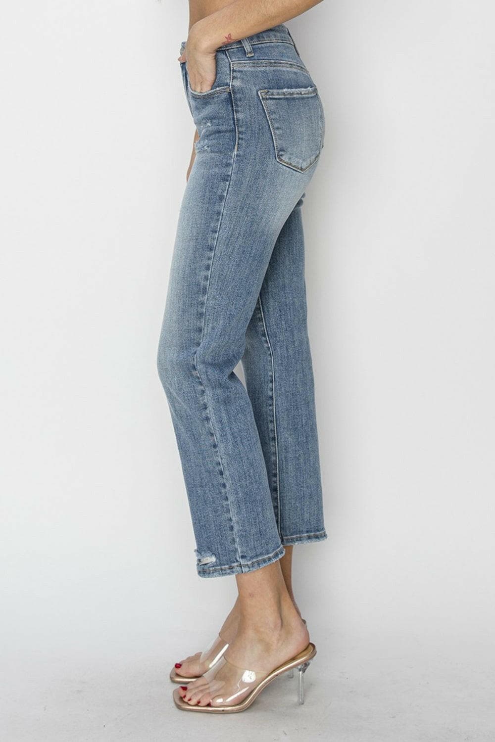 RISEN Full Size High Waist Distressed Cropped Jeans.