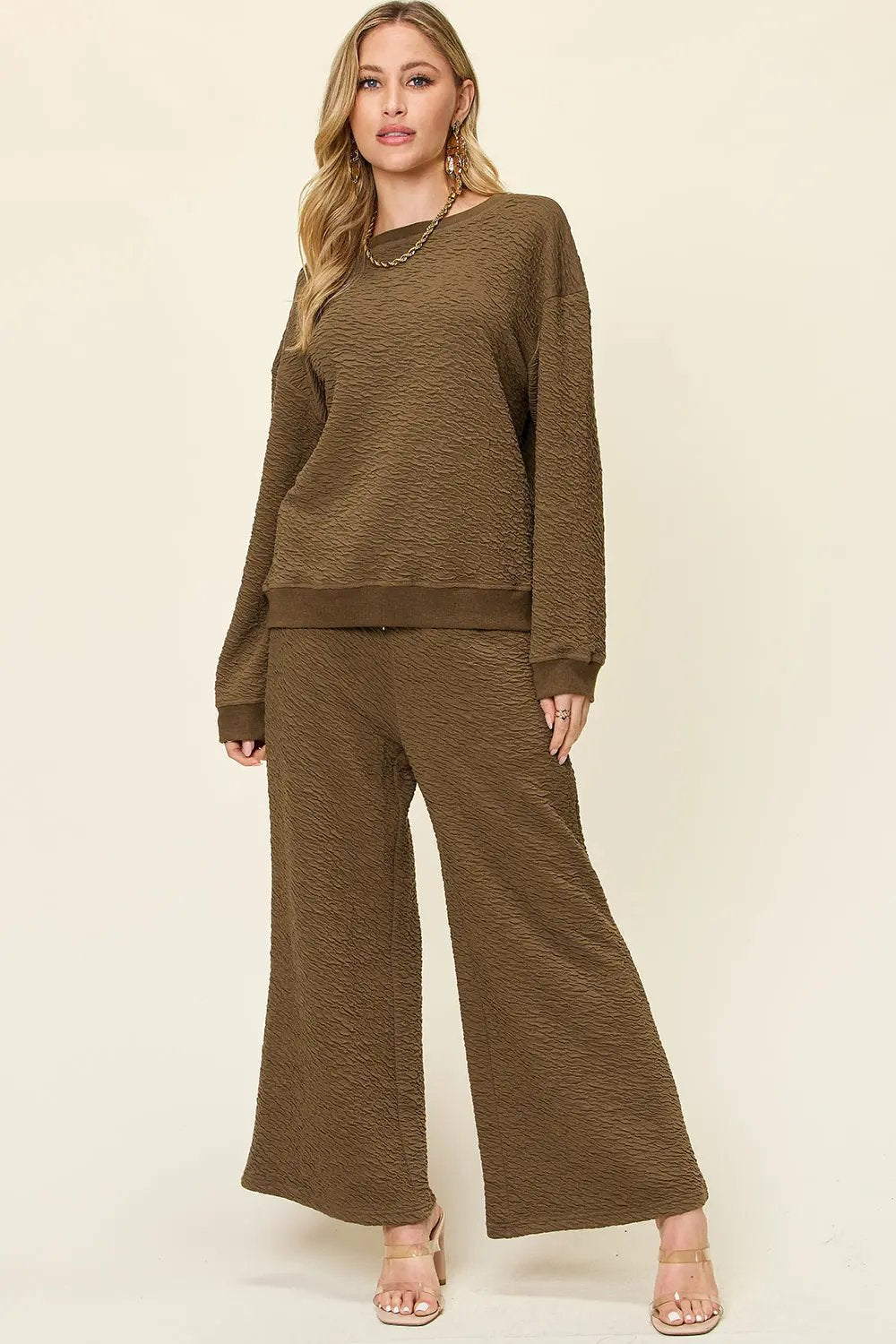 Double Take Full Size Texture Long Sleeve Top and Pants Set - Love Salve