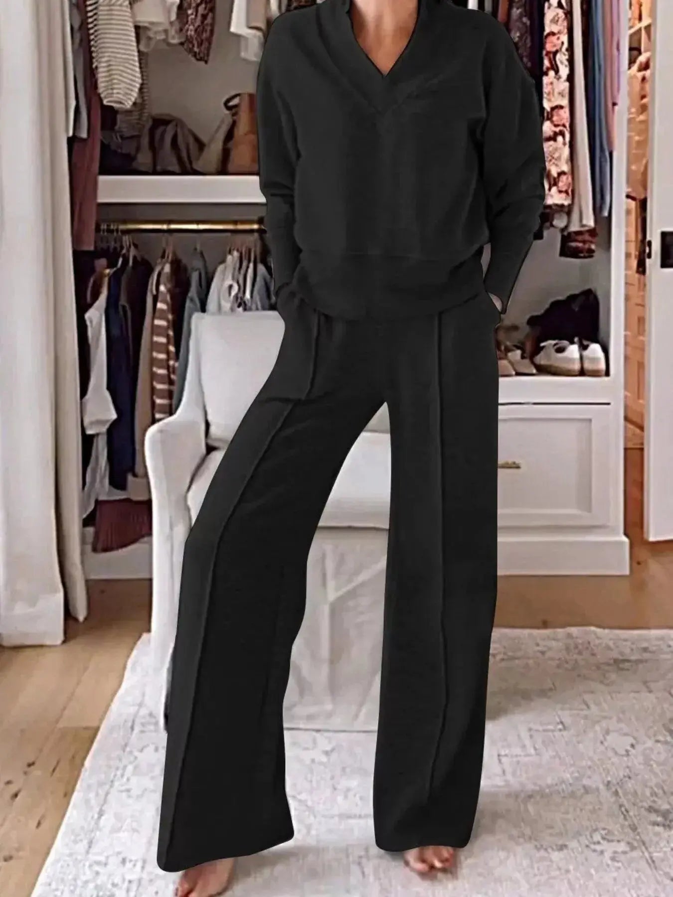 Full Size Cozy V-Neck Top and Pants Set Plus Size Simply Love