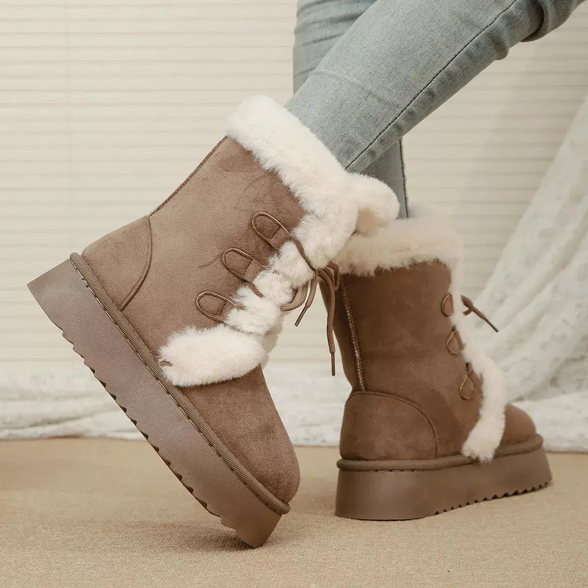 Black Suede Lace Up Winter Boots With Faux Fur Lining Simply Love