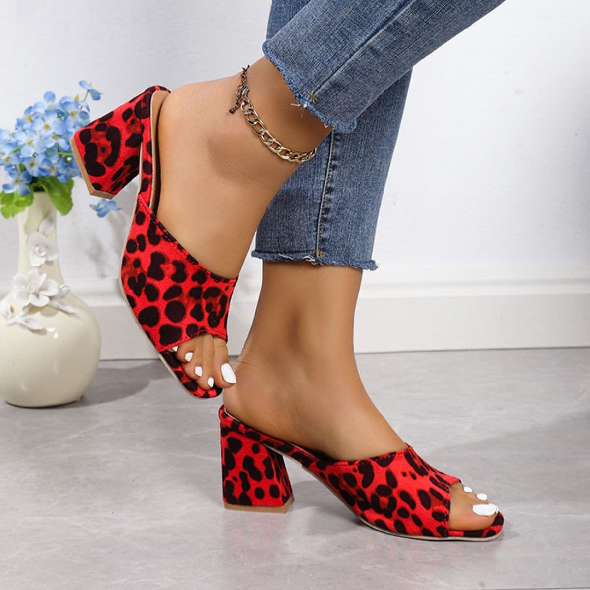 Leopard Block Heel Suede Sandals.