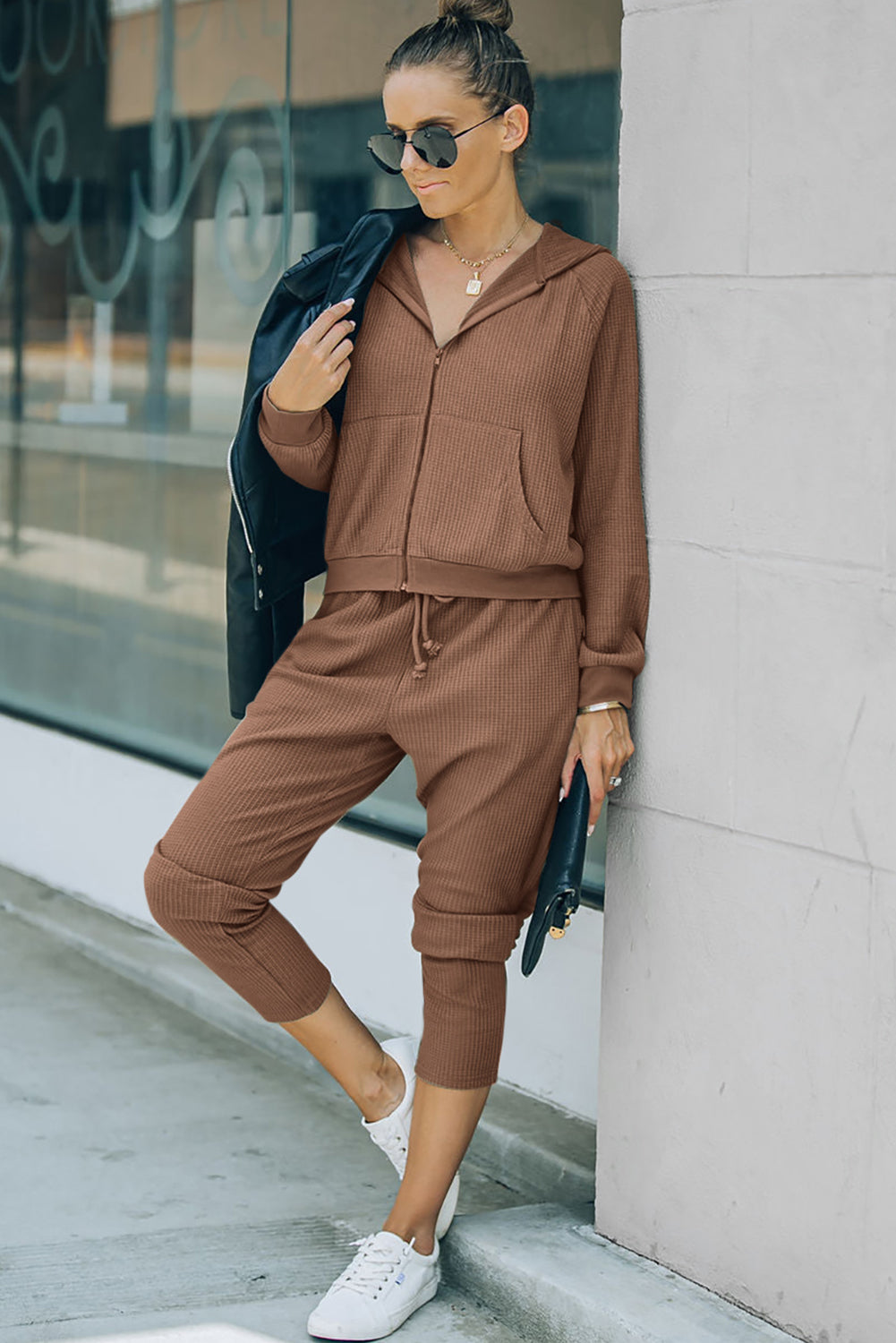 Cozy brown waffle knit zip-up hoodie and jogger set