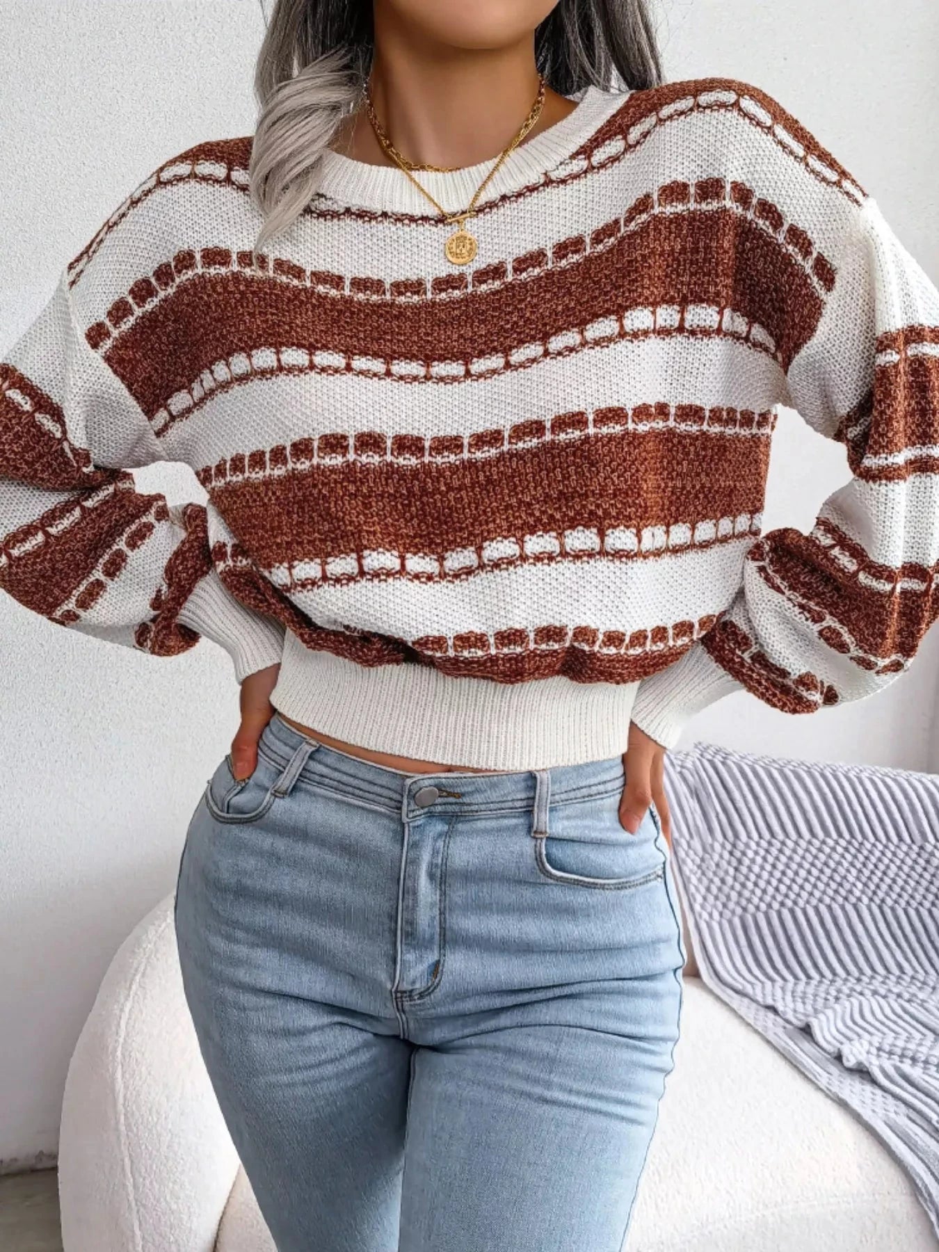 Color Block Round Neck Cropped Sweater Coco’s Tee Boutique