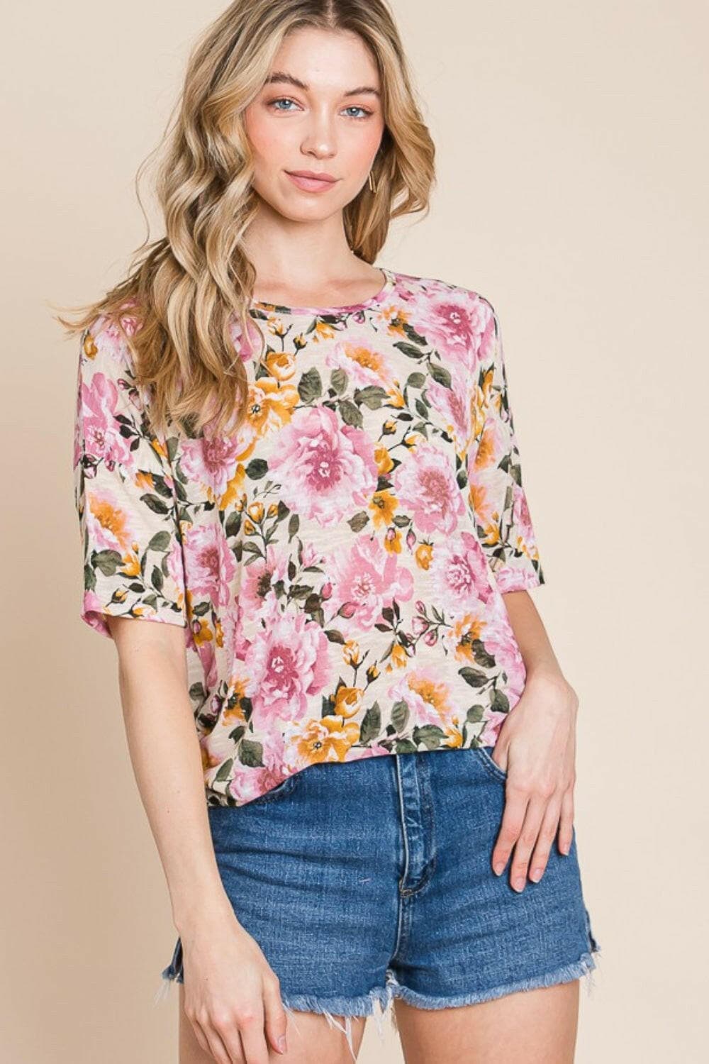 BOMBOM Floral Round Neck T-Shirt.