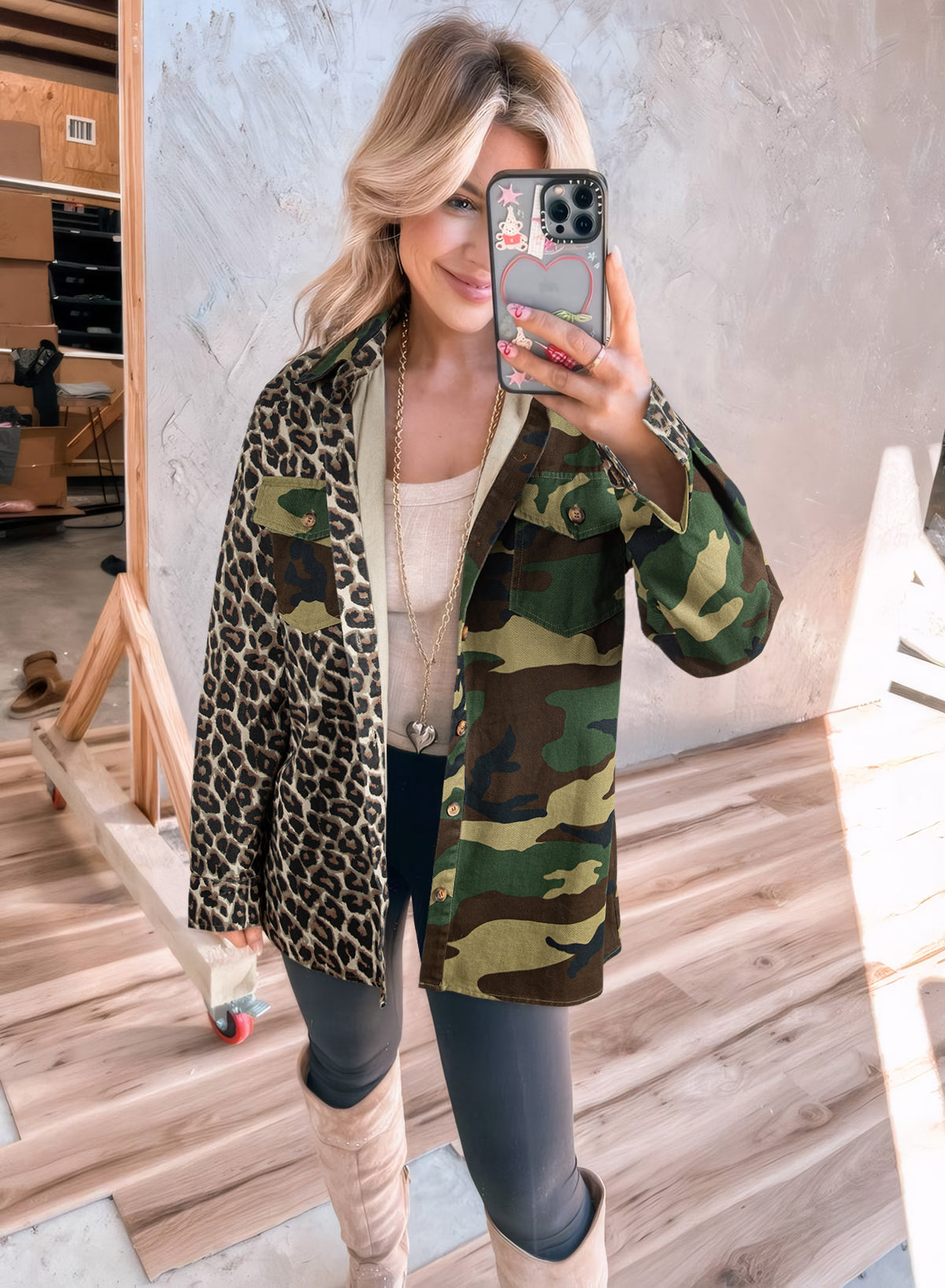 Brown Leopard Camo Patchwork Oversize Shacket With Relaxed Fit Casual Outerwear For Everyday Wear Dear-Lover Dropshipping