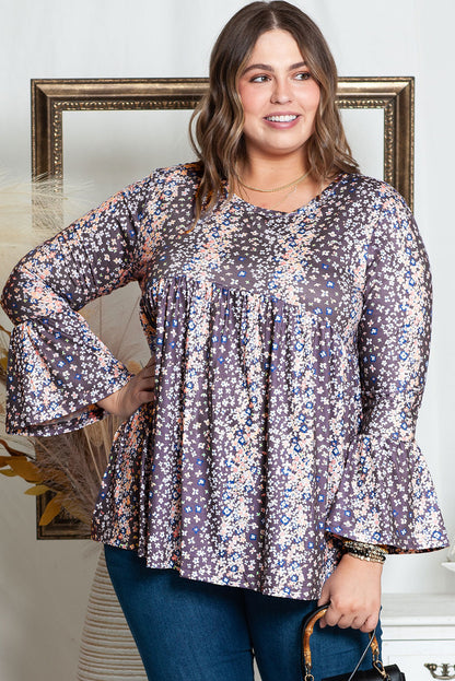 Charming purple floral plus size babydoll top with round neckline