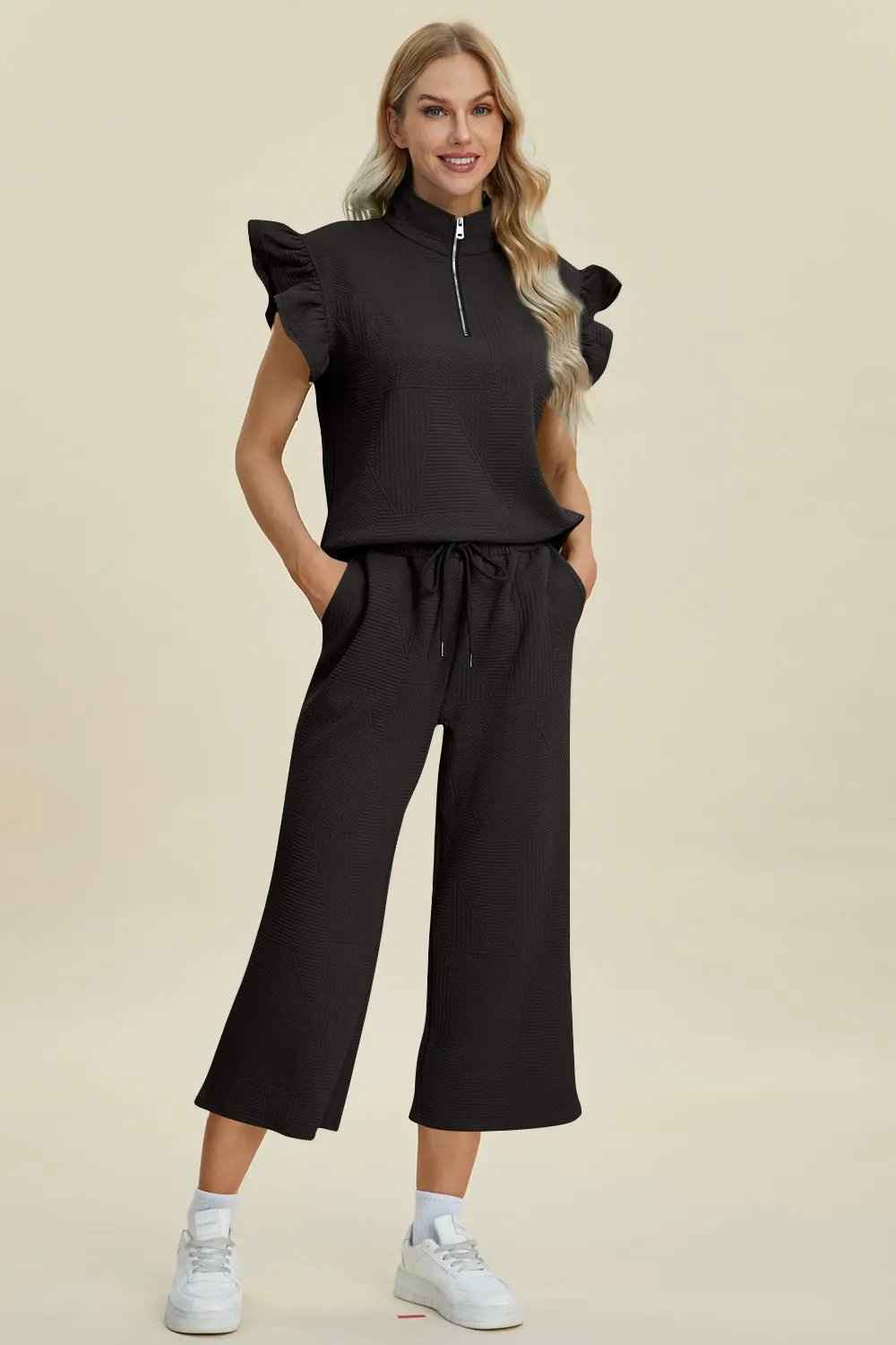 Double Take Full Size Texture Ruffle Short Sleeve Top and Wide Leg Pants Set - Love Salve