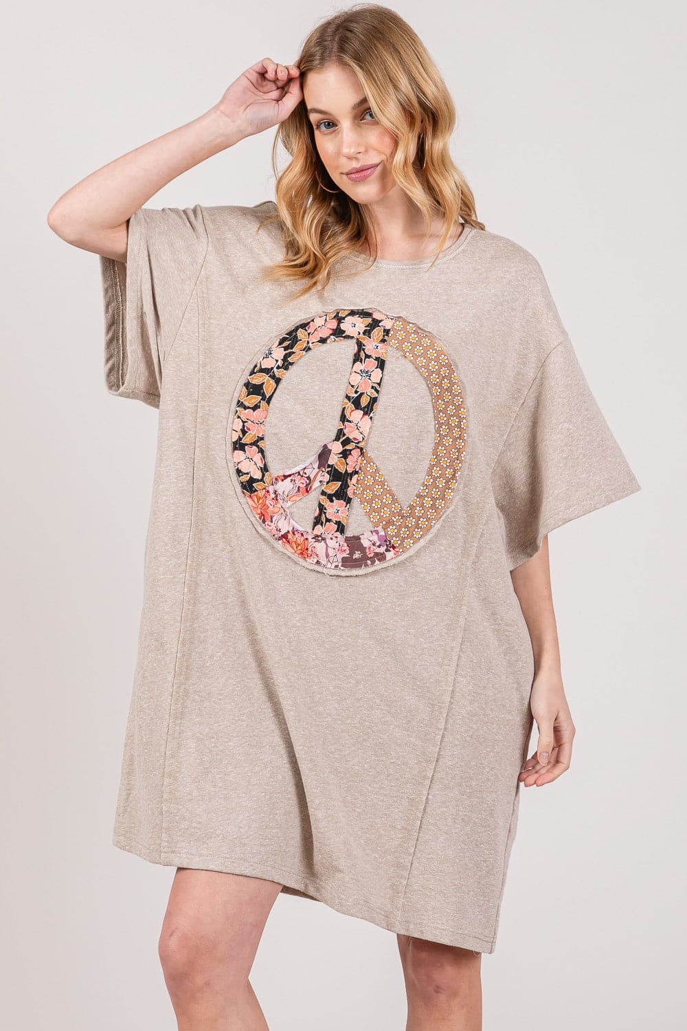 SAGE + FIG Full Size Peace Sign Applique Short Sleeve Tee Dress.