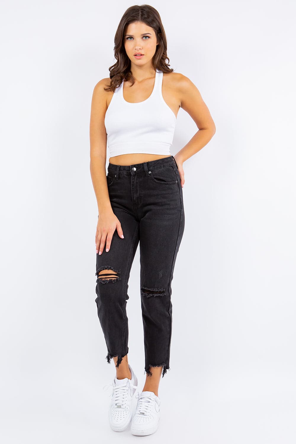 American Bazi High Waist Distressed Cropped Straight Jeans.