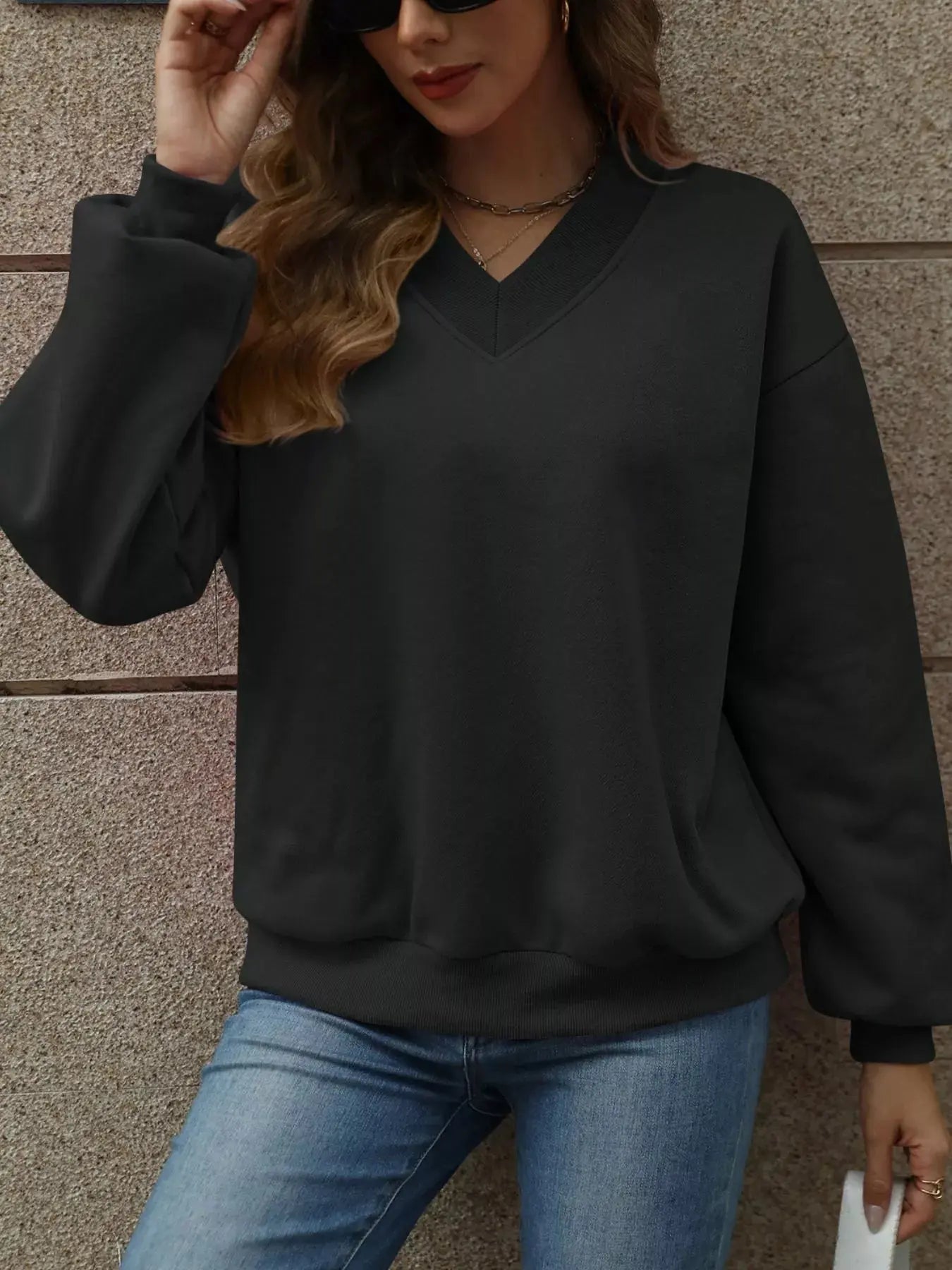 V-Neck Solid Color Casual Sweatshirt Simply Love