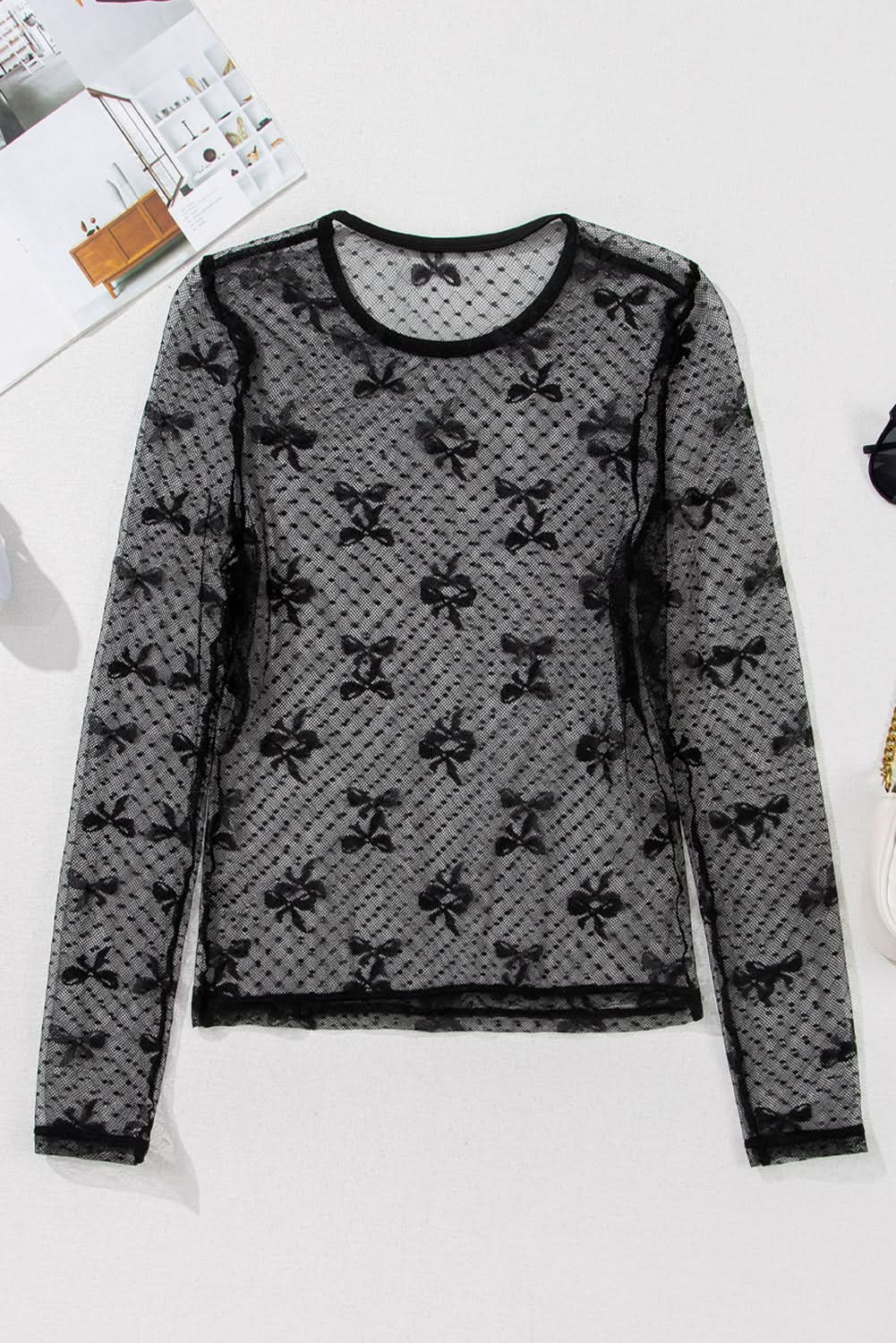 Charming Black Bow Print Long Sleeve Mesh Top