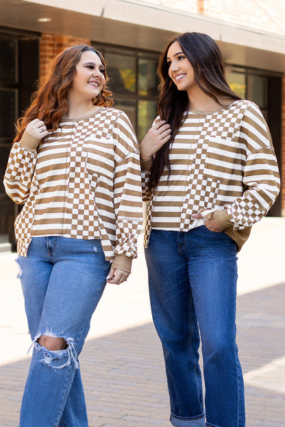 Khaki patchwork blouse with plaid design