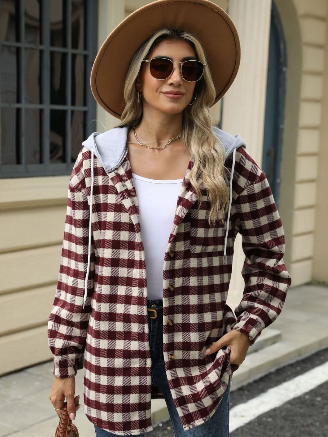 Plaid hooded jacket with pockets