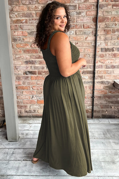 Flattering jungle green sleeveless plus size maxi dress with shirred bust