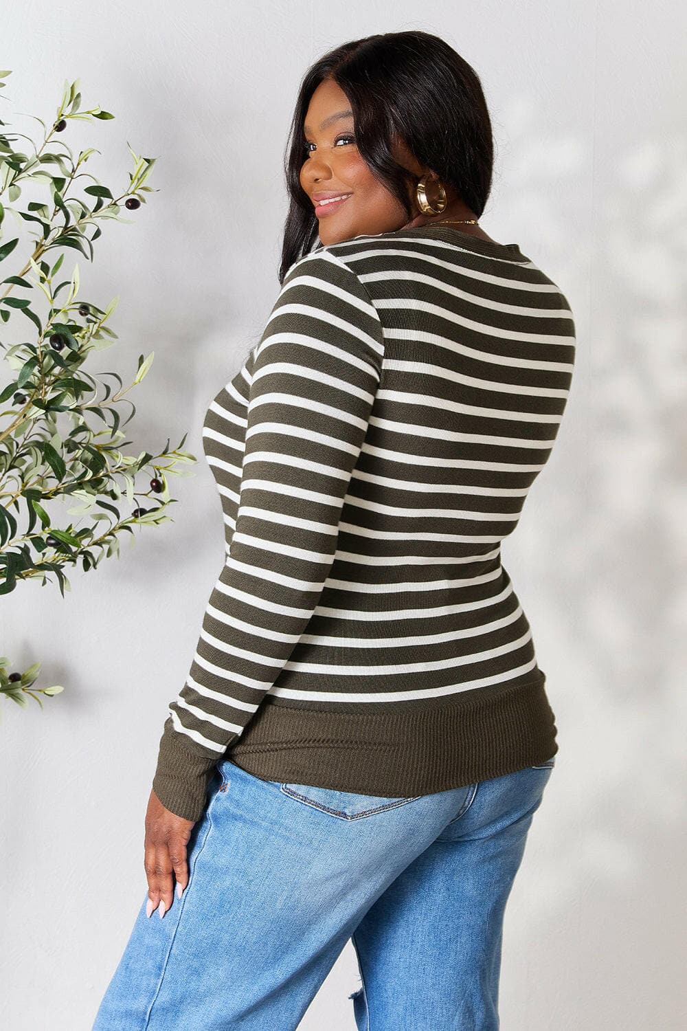 Zenana Full Size Striped Snap Down Cardigan.