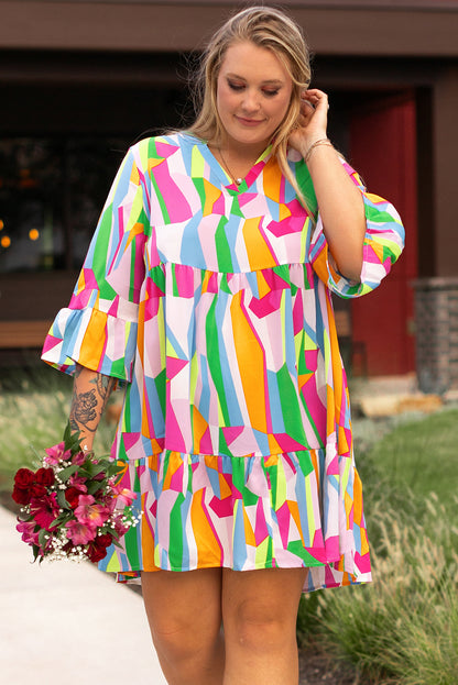 Vibrant multicolour plus size abstract print tiered mini dress with ruffles