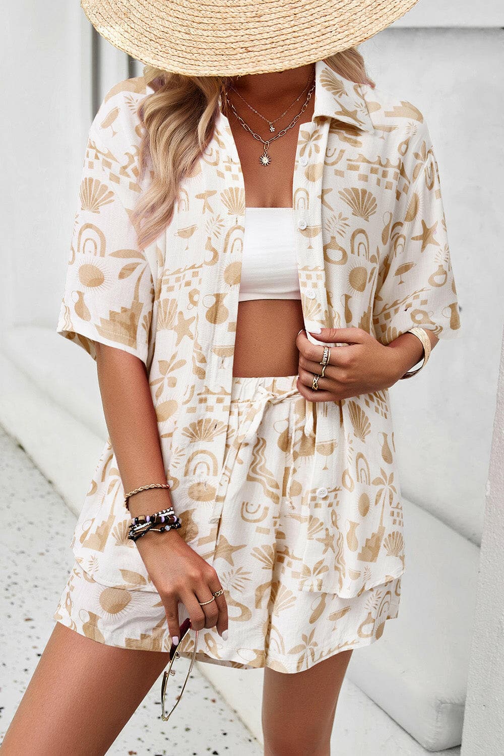 Printed Button Up Shirt and Shorts Set.