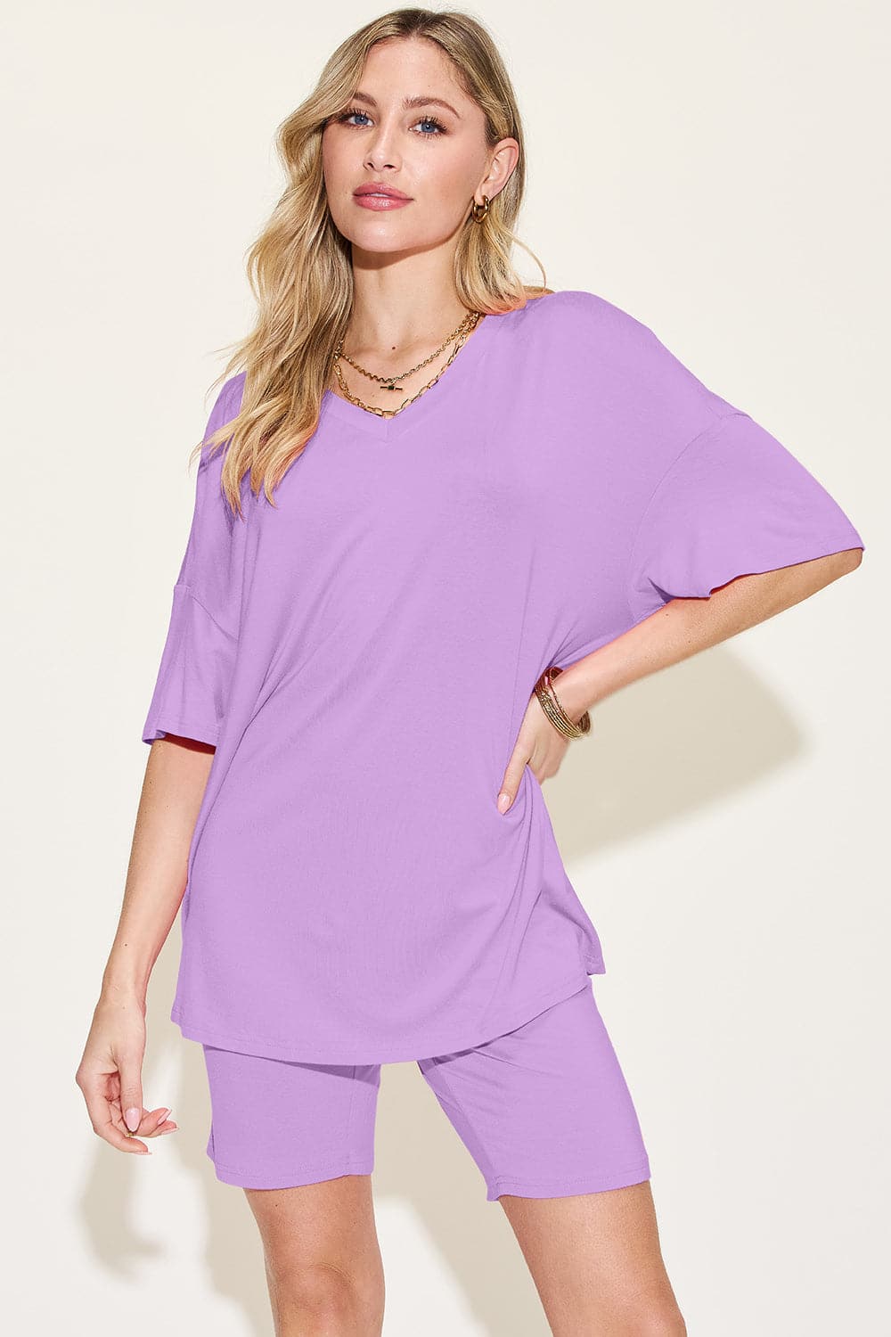 Basic Bae Bamboo Full Size  V-Neck Drop Shoulder T-Shirt and Shorts Set.