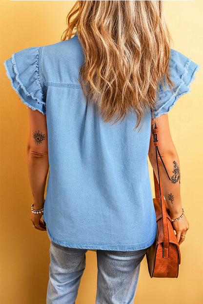 Chic ruffled denim top with button front and frayed hem