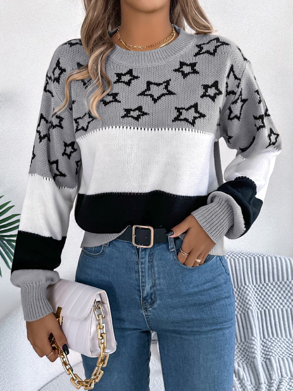 Star Contrast Round Neck Sweater.