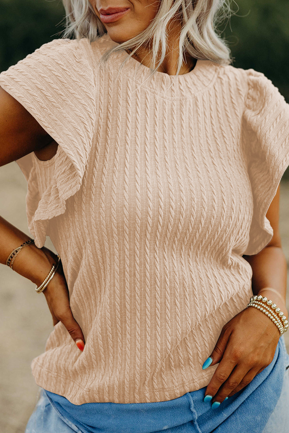 Beige Textured Knit Flutter Sleeve Blouse