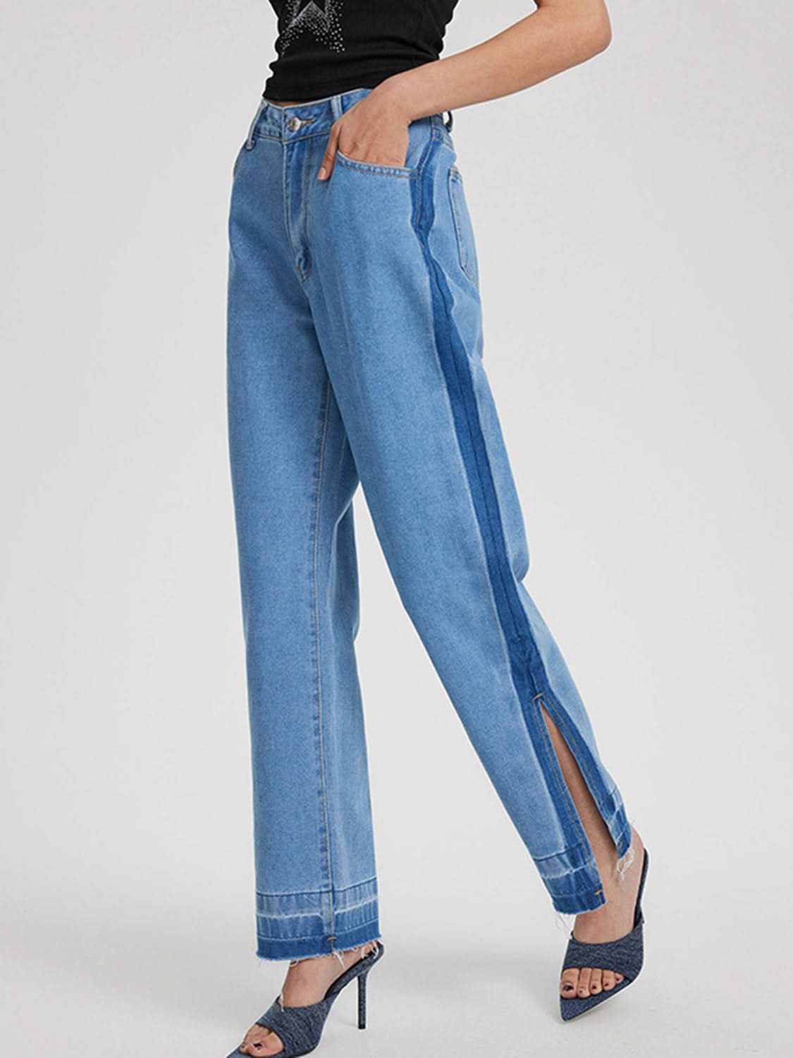 Slit Straight Leg Jeans with Pockets