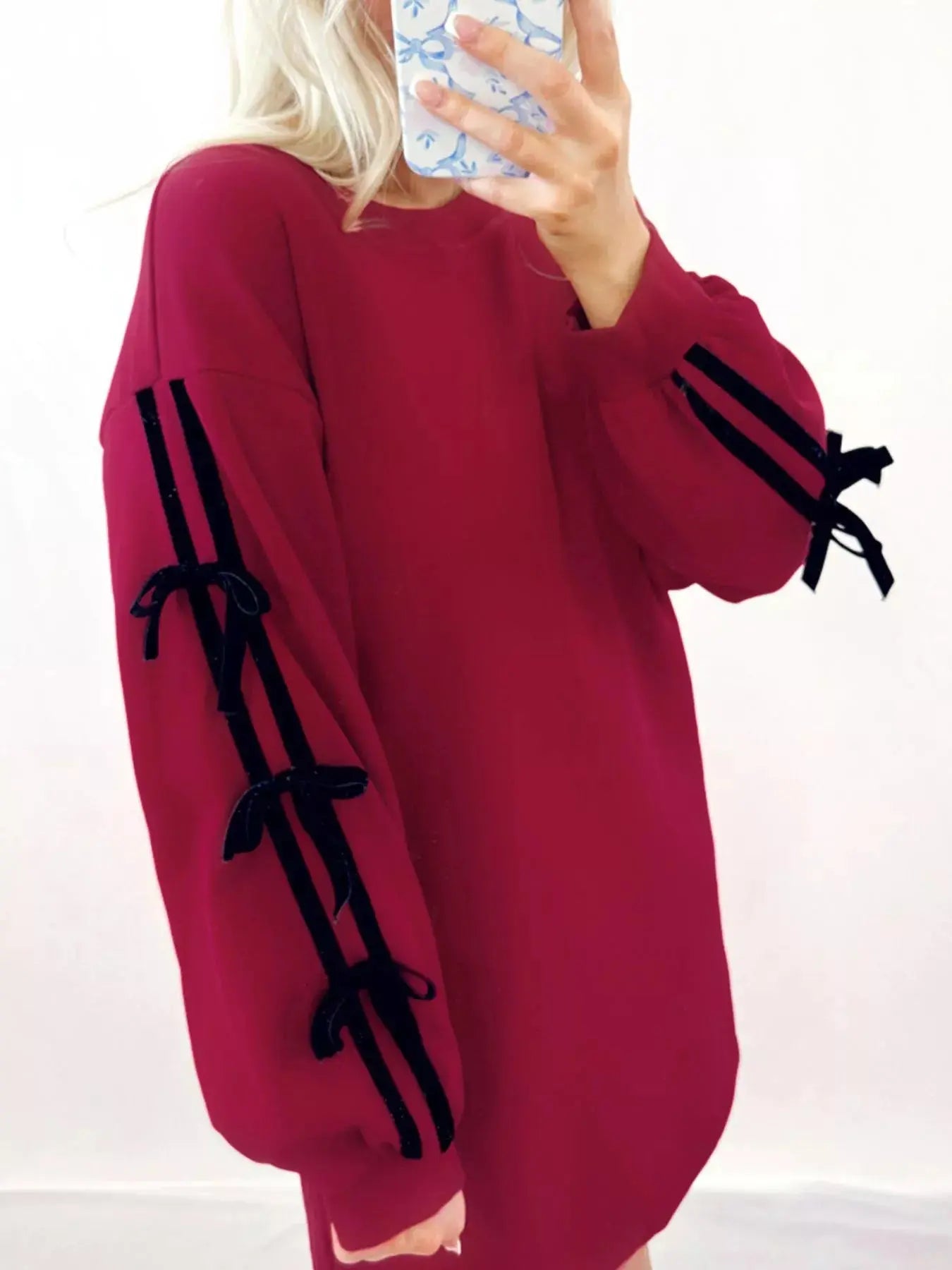 Contrast Striped Bow Detail Drop Shoulder Sweatshirt Dress with Pockets Simply Love