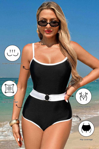 Two-Tone Black Belted One-Piece Swimsuit with Contrast Trim