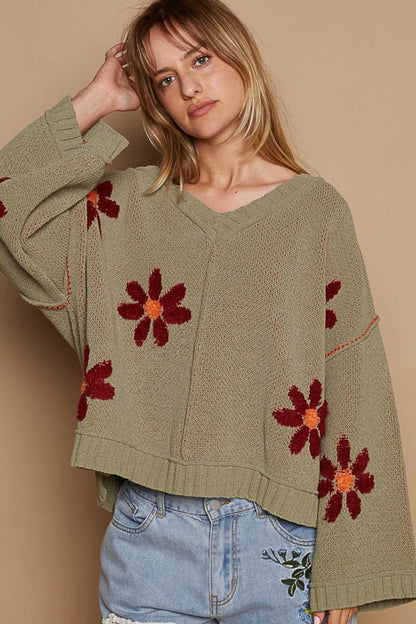 Chic floral chenille v-neck sweater for cozy elegance