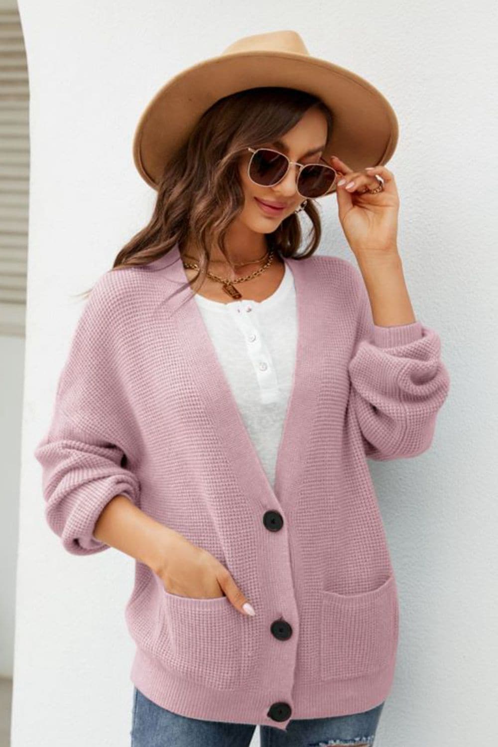 Waffle-Knit Dropped Shoulder Cardigan.