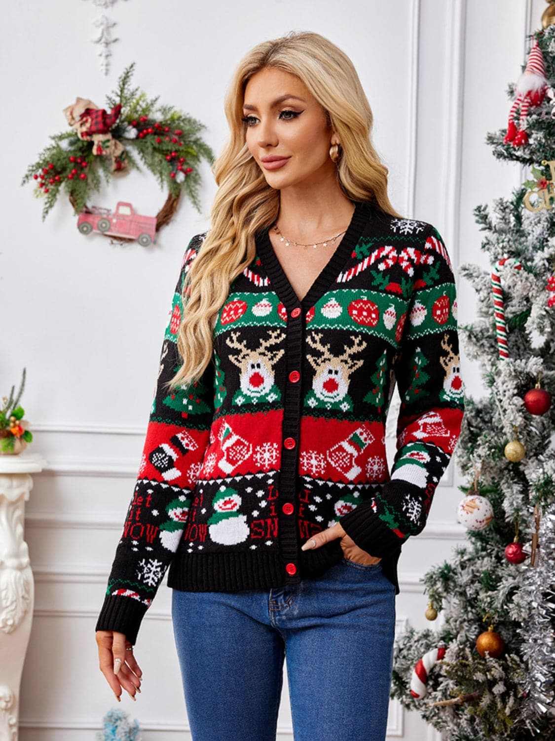 Reindeer Print Cardigan for Women - Love Salve 