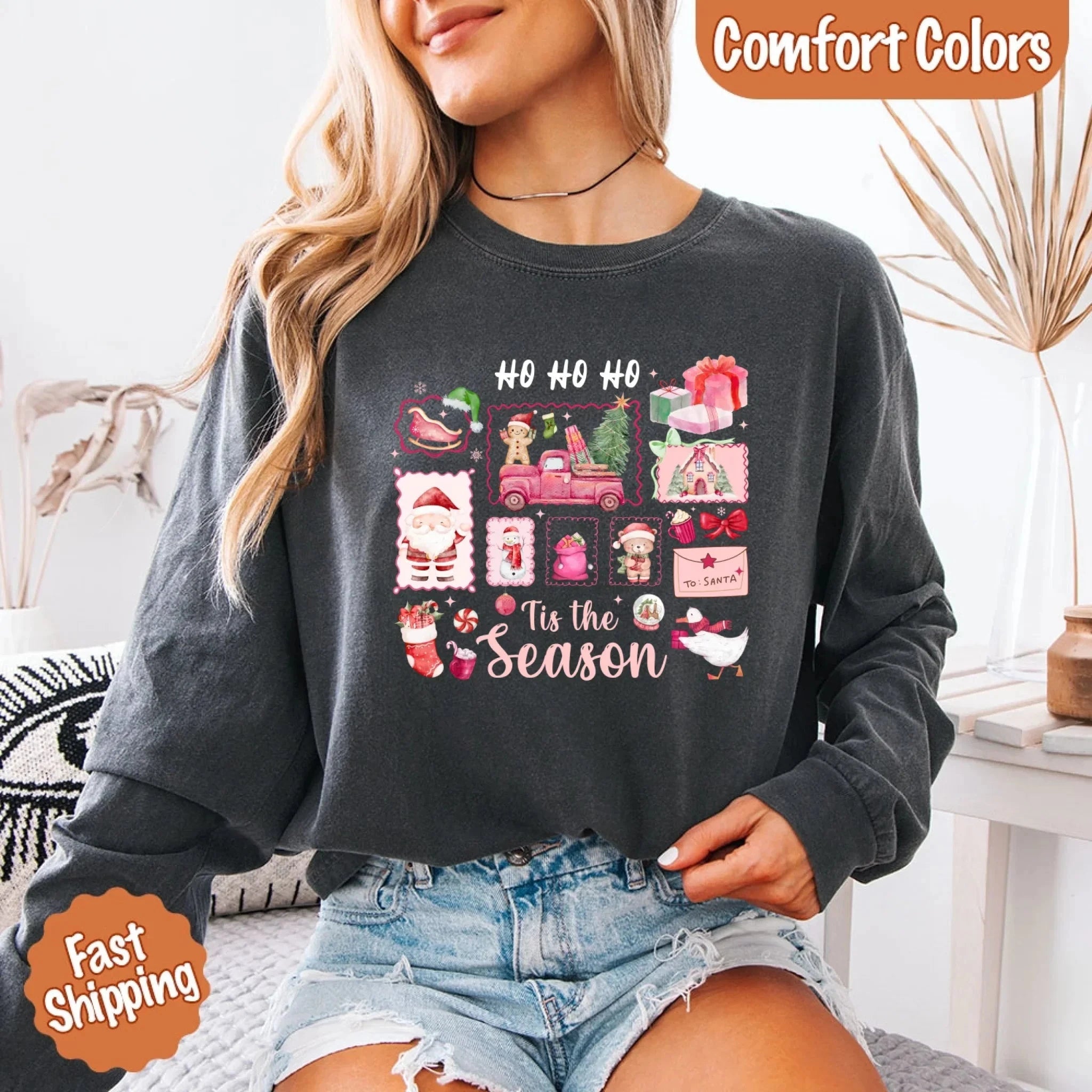 Comfort Colors Long Sleeve Ho Ho Ho Tis The Season Christmas Shirt Adorb Custom Tees