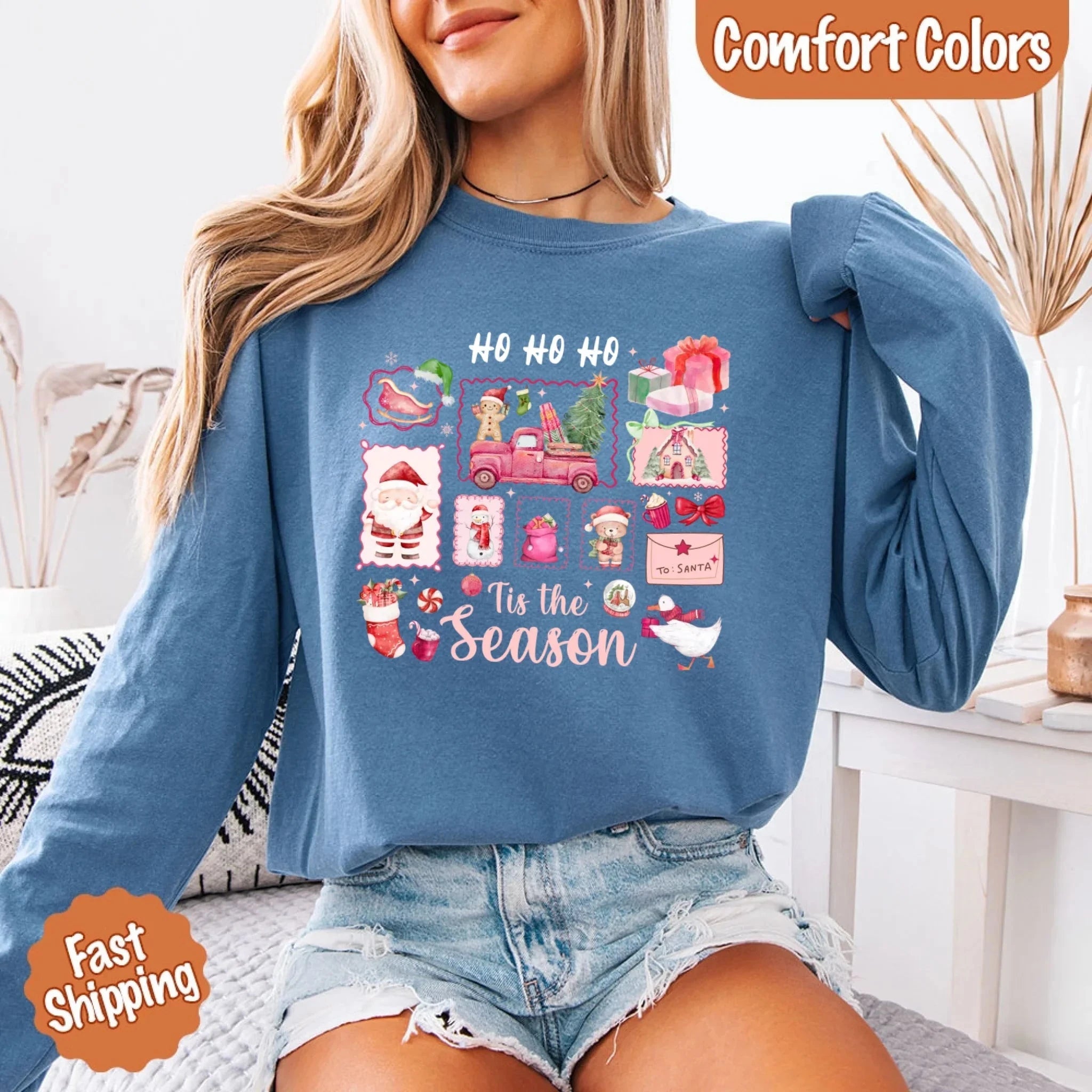 Comfort Colors Long Sleeve Ho Ho Ho Tis The Season Christmas Shirt Adorb Custom Tees