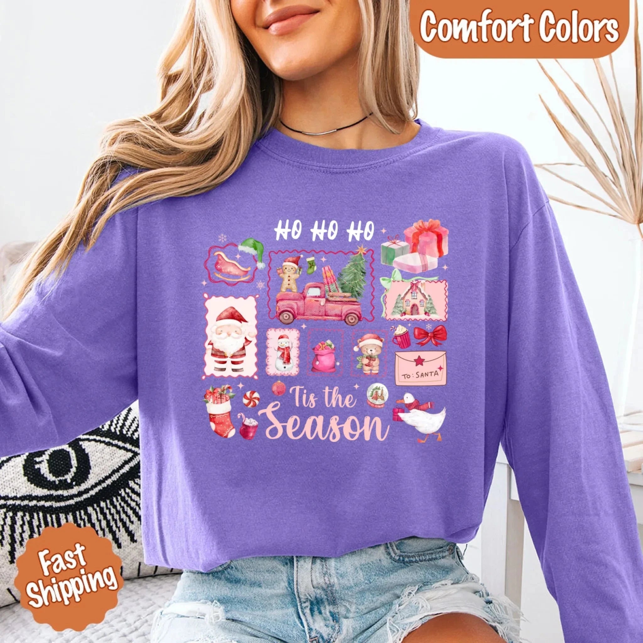 Comfort Colors Long Sleeve Ho Ho Ho Tis The Season Christmas Shirt Adorb Custom Tees