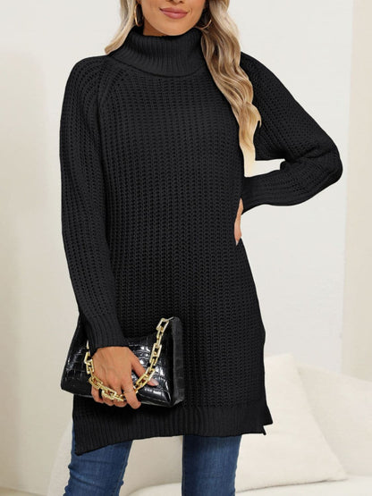 Chic slit turtleneck sweater with long sleeves