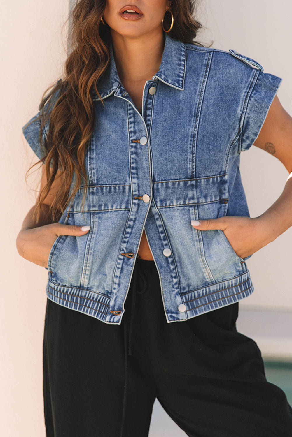 Love Salve  Ashleigh Blue Acid Wash Elastic Hem Button Up Love Salve